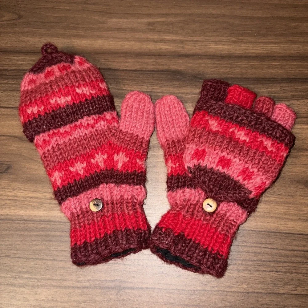 Made In Nepal Wool Fleece Lined Fingerless Gloves Convertible Mittens Red Pink
